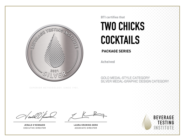 Beverage Testing Institute Awards Two Chicks Cocktails in the 2021 Tasting Awards and BTI Spirits Pack Awards | Ready-to-drink | Canned Cocktail